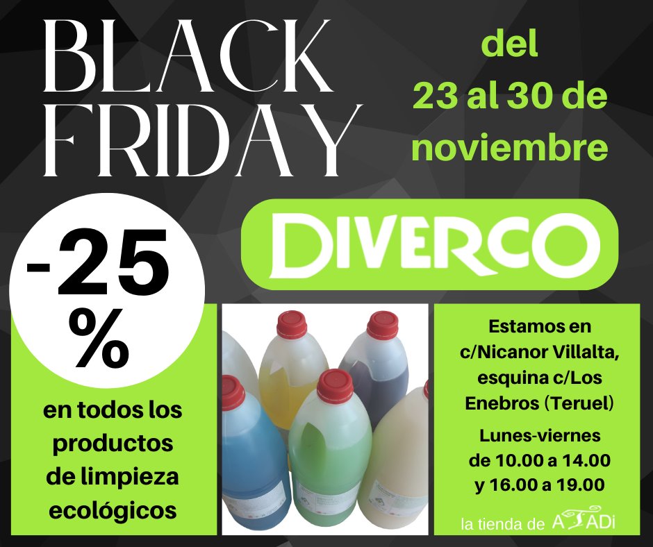 ataditeruel's tweet photo. ¿Todavía no has probado los productos de #limpieza ecosostenibles de nuestra tienda #Diverco? Ahora puedes hacerlo con un #descuento del 25% ¡en toda la gama! #Promoción válida entre el 23 y el 30 de noviembre de 2022. #BlackFriday https://t.co/d3lUjw05Ps