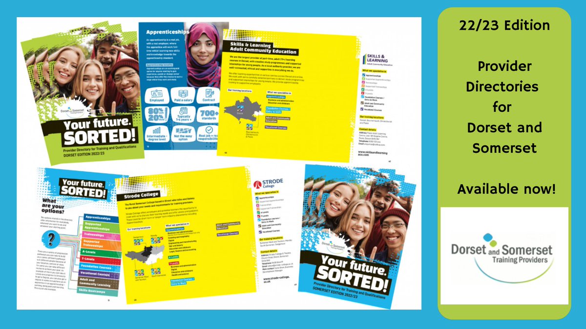 SkillUpSomerset's tweet photo. 📢The 2022/23 edition of 'Your Future Sorted' Provider Directory for Training and Qualifications in Dorset and Somerset is live and available to download here 🔗 https://t.co/EneqvqrJt9 

@DSTPN14 https://t.co/c45g40AfyT