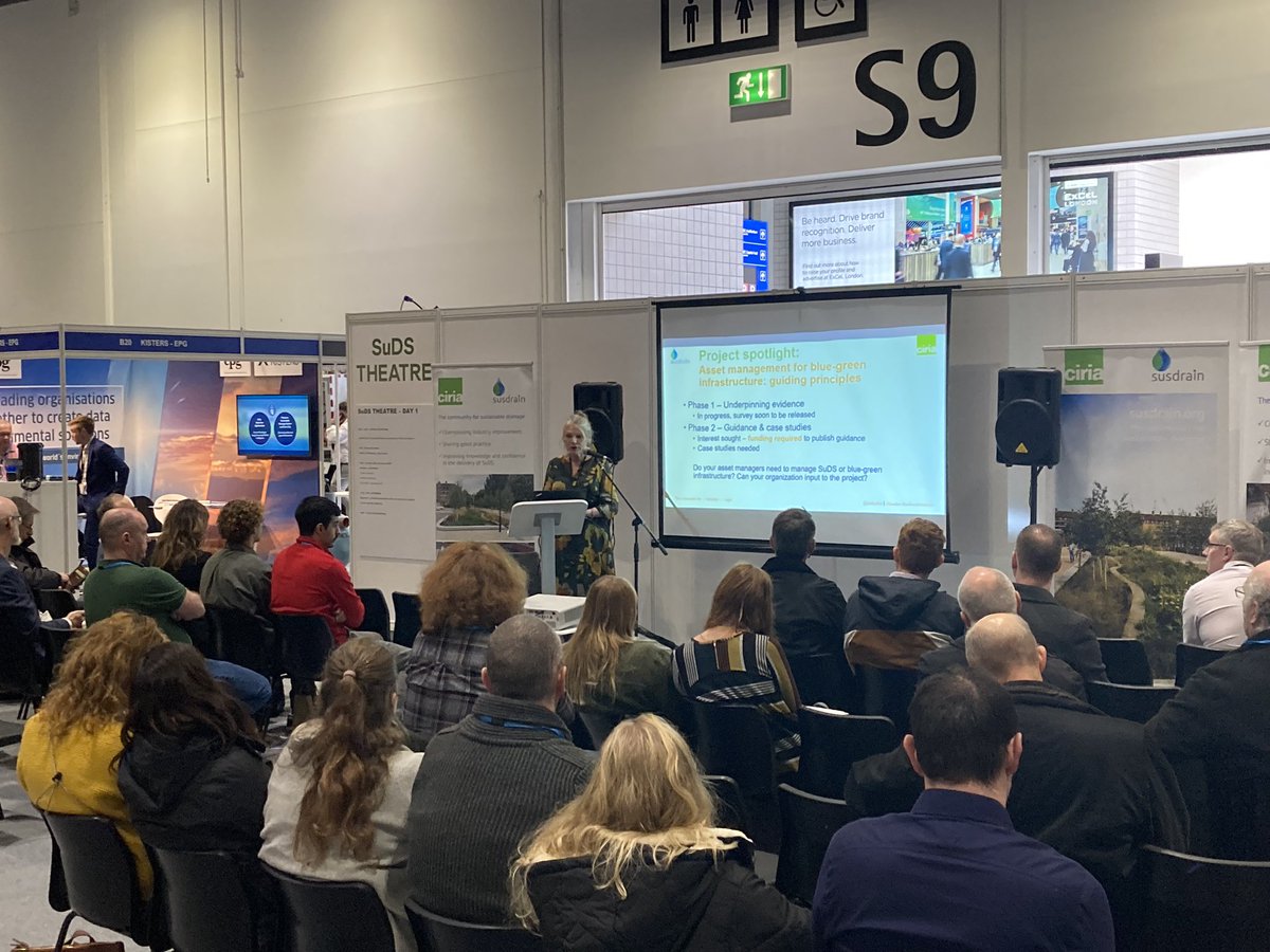 CIRIAResearch's tweet photo. Off and running in the SUDS theatre at @FloodexUK with Louise Walker outlining CIRIA @CIRIAupdates and susdrain @Sudsulike plans for ongoing and upcoming work #suds #flood #nutrientneutrality #bluegreen https://t.co/eQwgdiQLKu