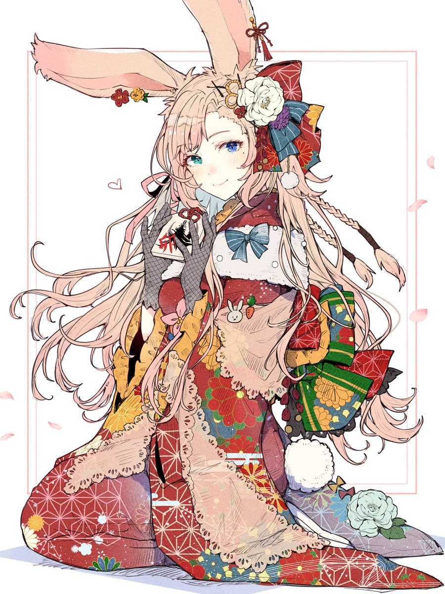1girl animal ears solo rabbit ears kimono japanese clothes long hair  illustration images