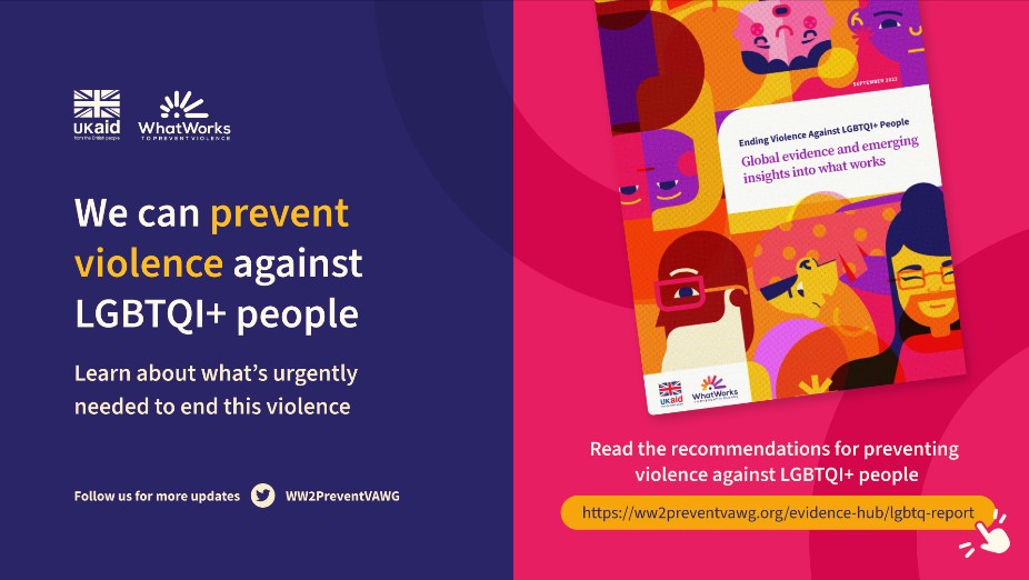 FCDOGender's tweet photo. Violence, and the fear of violence, is an everyday reality for many LGBT+ people around the world 🏳️‍🌈🌍

Join us on the 7 December for the launch of a new @WW2PreventVAWG report with emerging insights on how we can prevent this violence.

Register here 👉 https://t.co/uBYVbFWbBI https://t.co/tO7k0wN7cZ