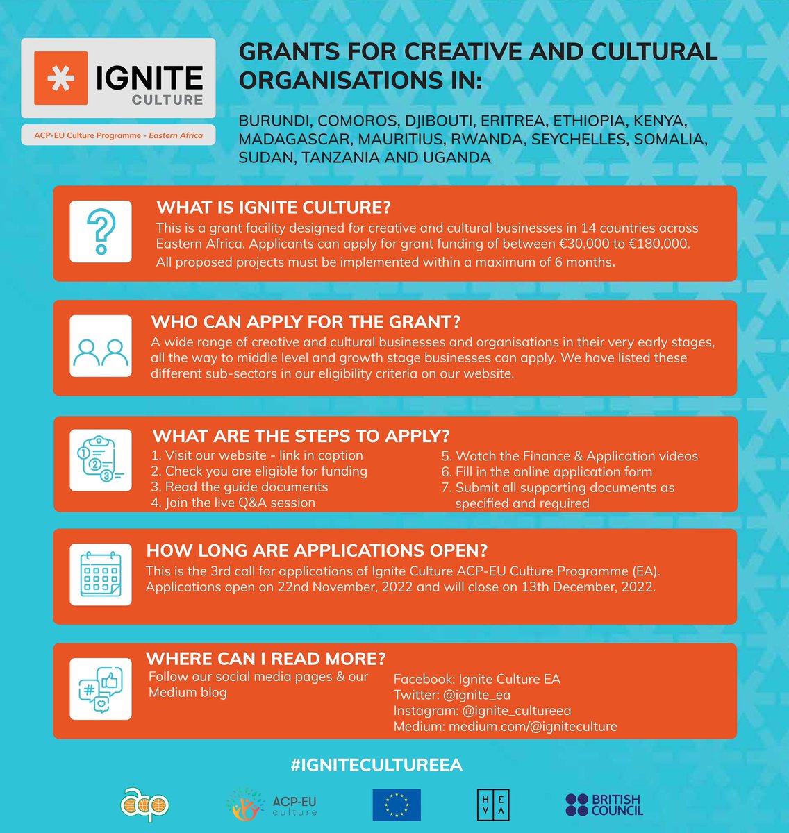 A CHEATSHEET TO APPLY FOR IGNITE CULTURE GRANT FINANCING: 

Carefully read the cheatsheet above and follow the instructions step-by-step to better your chances of application success! Applications for Ignite Culture Cycle 3 remain open between 22nd November and 13th December 2022