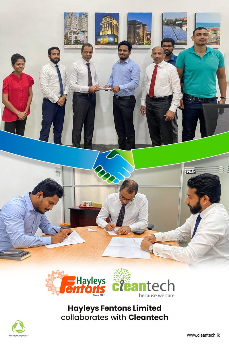 cleantech_lk's tweet photo. Cleantech collaborated on a project for recycling with Hayleys Fentons Limited and signed the agreement on 18th November 2022. 

#Cleantech #HayleysFentons #Partnerships #HassleFreeSolutions #Specializedservices #KeepYourCityClean #2k22 https://t.co/Skfcwevnyu