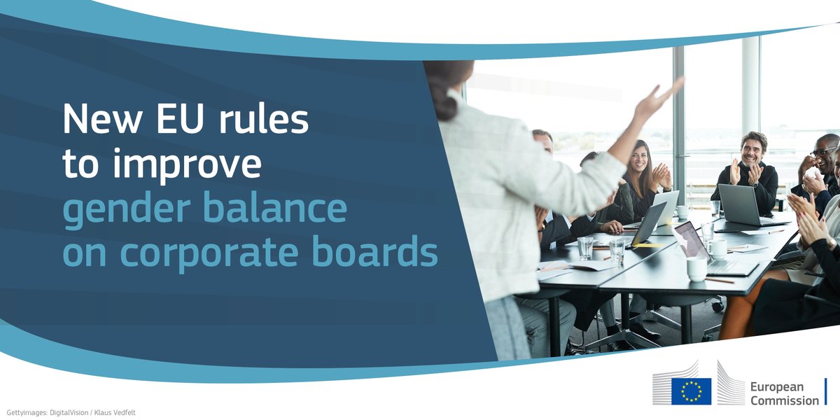 EU_Commission's tweet photo. It is time to break the glass ceiling with rules that work.

By 2026, companies will need to have 40% of the underrepresented sex among non-executive boards or 33% among all directors.

This week, @Europarl_EN adopted the new EU law on gender balance on corporate boards. https://t.co/AuliWJghiV