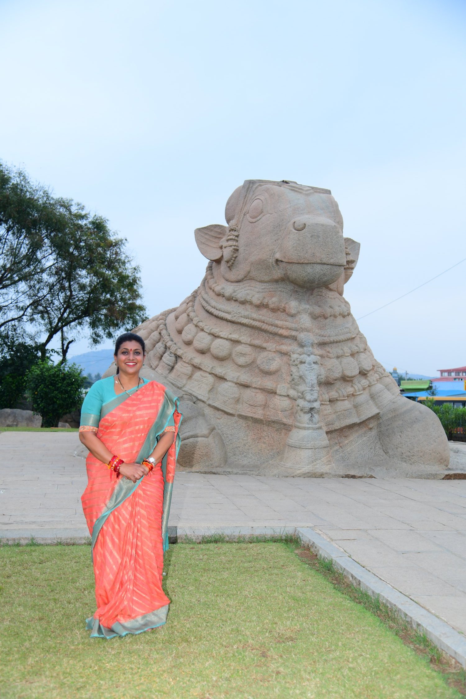 The Lepakshi Nandi is made out of single granite. The monolithic Nandi sculpture is said to be the second largest monolithic structure in India after Gomateshwara in Shravanabelagola. It is 20 feet in height and 30 feet in length. The Nandi statue is decorated with a necklace, muvvalahara, a bell chain with small horns.