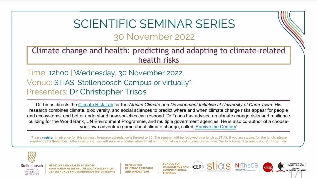ceri_news's tweet photo. 📢**Exciting news!**

Our upcoming seminar is taking place on November 30th @STIAS_SA in Stellenbosch.

Fascinating topic on climate change and health with Dr @christrisos

Register here:
https://t.co/XypPLUmP2p

@krisp_news @StellenboschUni @NITheCS @UKZN https://t.co/w82Fs7BhE6