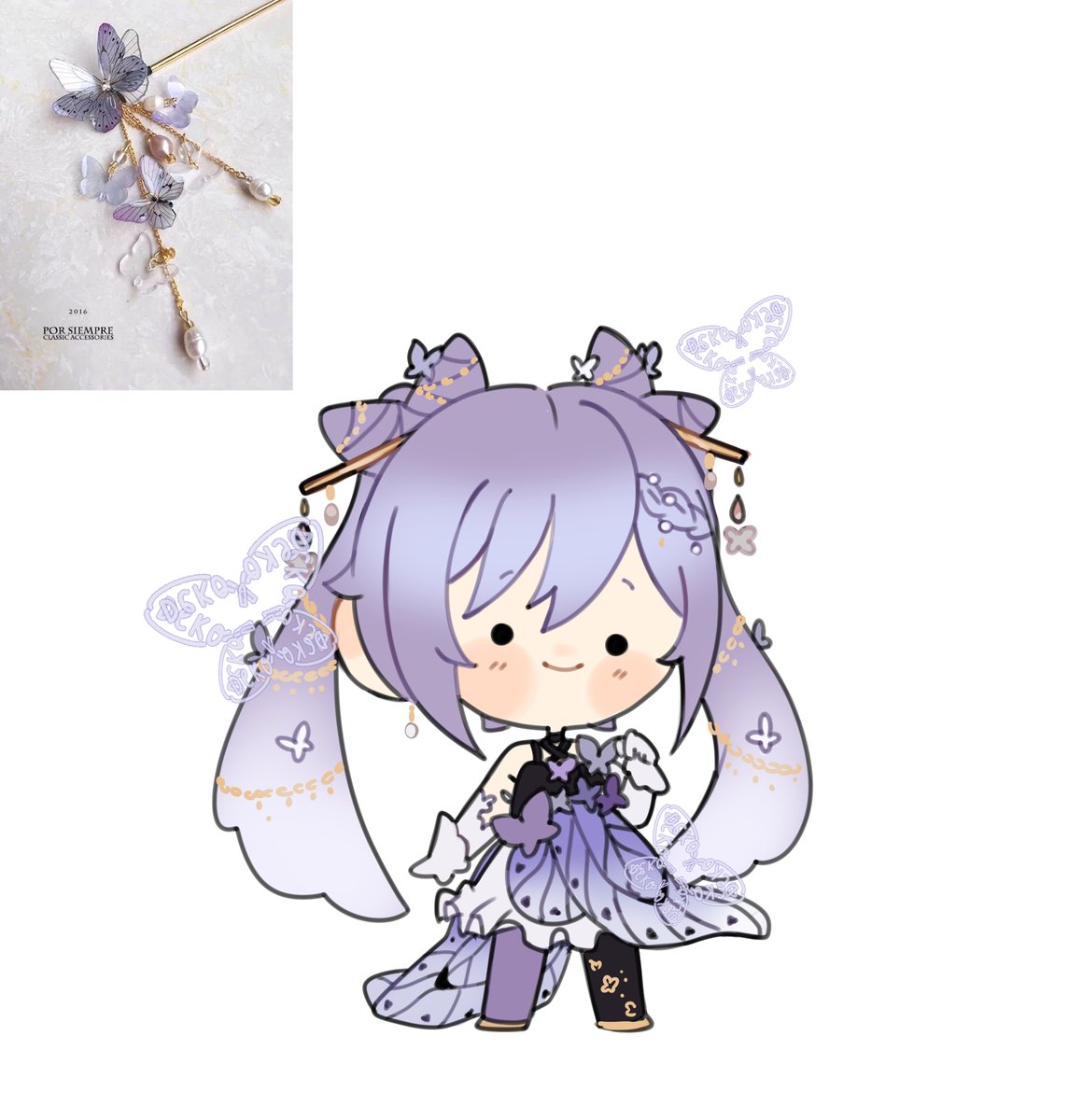 keqing (genshin impact) 1girl chibi purple hair bug solo dress twintails  illustration images