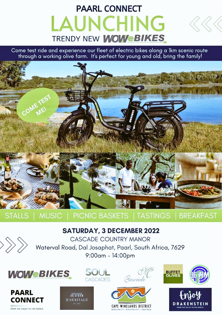 paarlconnect's tweet photo. Join us on 3 December 2022 for the launch of our trendy new e-bikes.
Come test ride and experience our fleet of electric bikes along a 1 km scenic route. Perfect for young and old bring the family.
#enjoydrakenstein
#FIFAWorldCup
#discoverctwc
#dedat
#capewinelands https://t.co/d9MeaERxeU