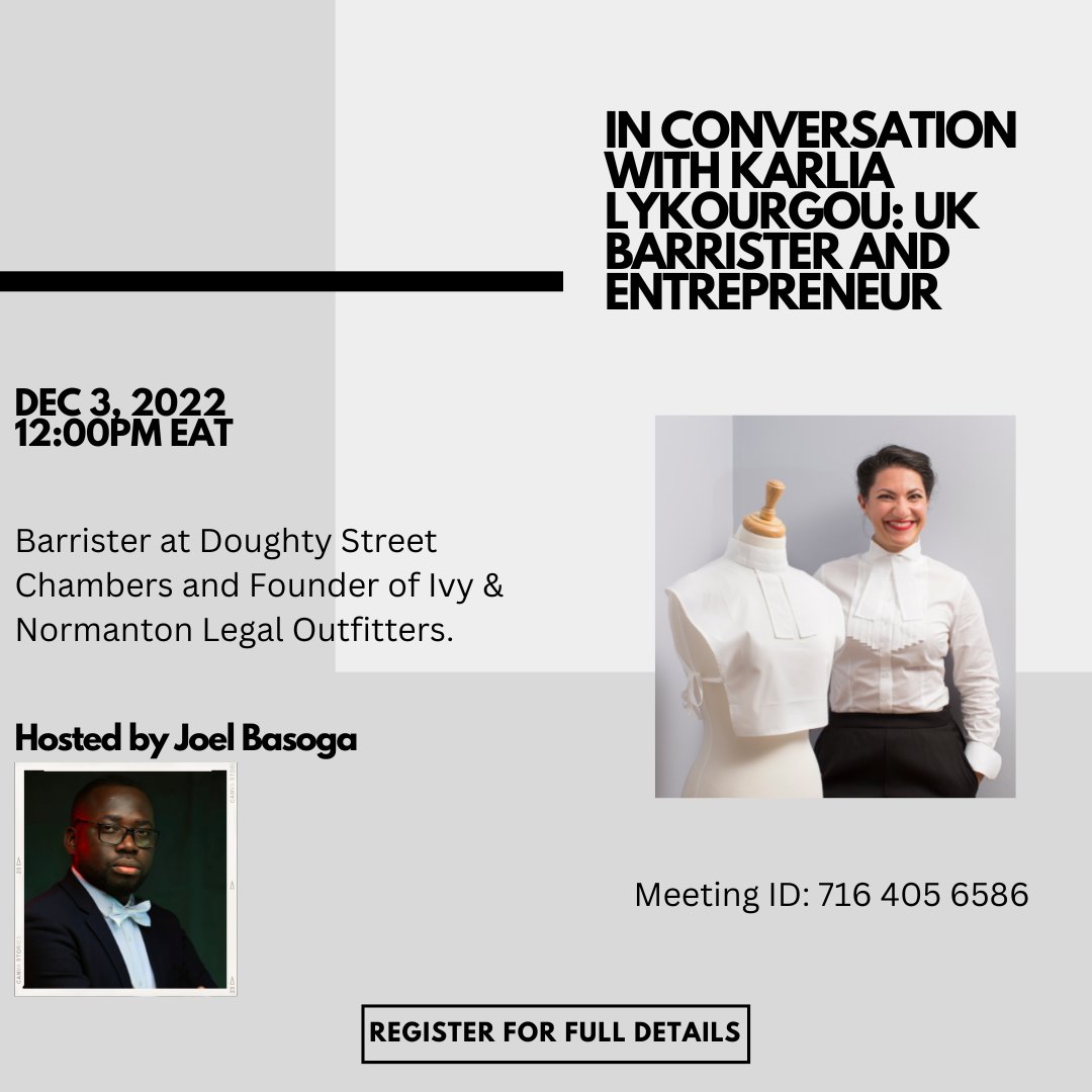 CloudVision (@cloudvision_ea) on Twitter photo We are excited to announce our final event for 2022. <a href="/JoelBasoga/">Joel Basoga</a> is hosting a conversation with Ms. @KarliaLykourgou, an award-winning Barrister and Entrepreneur, on 3rd December 2022 at 12:00pm EAT.
Register here for full details: forms.gle/fYv7sDAC624MGn…
1/7 We are excited to announce our final event for 2022. <a href="/JoelBasoga/">Joel Basoga</a> is hosting a conversation with Ms. @KarliaLykourgou, an award-winning Barrister and Entrepreneur, on 3rd December 2022 at 12:00pm EAT.
Register here for full details: forms.gle/fYv7sDAC624MGn…
1/7