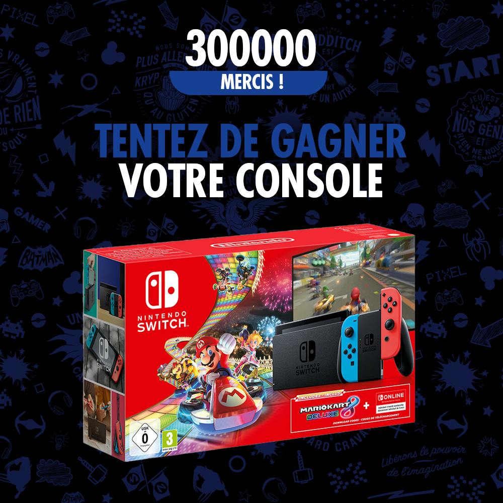 Vous êtes 300 000 ! Merci à vous tous 🙌

Pour vous remercier, on vous fait gagner votre pack Nintendo Switch + Mario Kart 8 Deluxe 🔥

🔵🟢 Like, RT &amp; Follow <a href="/Micromania_Fr/">Micromania-Zing</a> 
🔵🟢 Mentionne un ami en commentaire avec #Micromania

Tirage au sort dans une semaine !