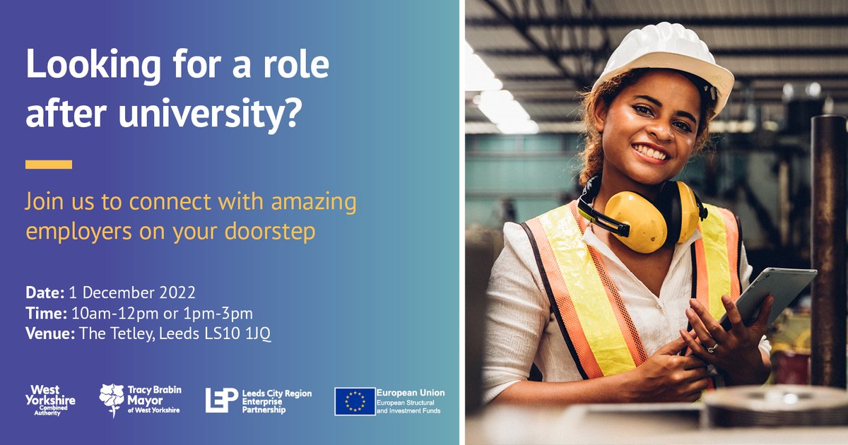 WestYorkshireCA's tweet image. Recent graduate or final year student? Meet local employers and hear about the opportunities they have available. Join us at The Tetley in Leeds on 1 December, 10am - 3pm.

Book your place: ow.ly/xiE450LLJut