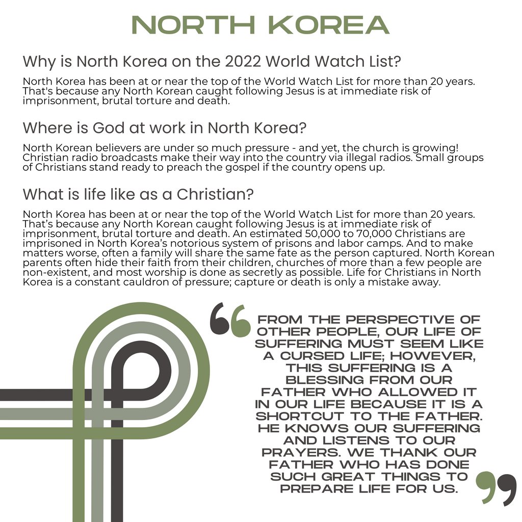 WePray40's tweet photo. Today we are praying for persecuted nation number 2, North Korea.

Pray that Jesus will break down the barrier of busyness and replace it with stillness.

Read Psalm 46:10 and Psalm 62:5.

⁠All photos and info came from Open Doors USA. https://t.co/gjQ8GlTwV7