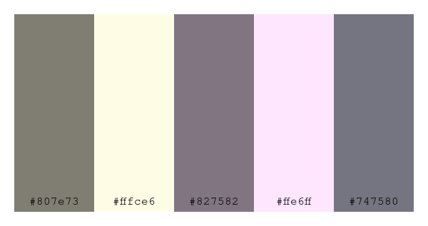 ColPaletteBot's tweet photo. Beep beep, here's a pretty color palette for you! 

color-scheme.js parameters used: 
- hue: 104
- variation: pale
- colors: #807e73, #fffce6, #827582, #ffe6ff, #747580

Have a lovely day!

#twitterbot #colorpalette #colors #palette #prettycolors https://t.co/270YtRMDhp