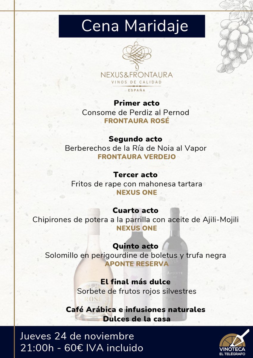 GRUPOOTER's tweet photo. ¿Te vas a perder la última cena maridaje de este año? Reserva en nuestra Vinoteca El Telégrafo y no te la pierdas 🍷

#GrupoOter #Vinoteca #maridaje https://t.co/Wcqp0XpQnB