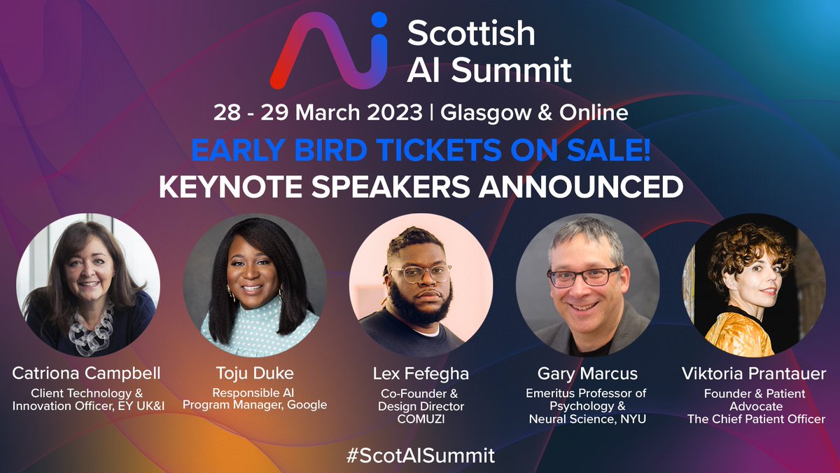 Very exciting news - tickets are now on sale for the Scottish AI Summit on 28-29 March in Glasgow + Online!

Early bird tickets are on sale, keynotes have been announced &amp; it's looking brilliant!

Well done to our friends <a href="/Scottish_AI/">Scottish AI Alliance</a>! 👏

Tickets: scottishaisummit.com/tickets