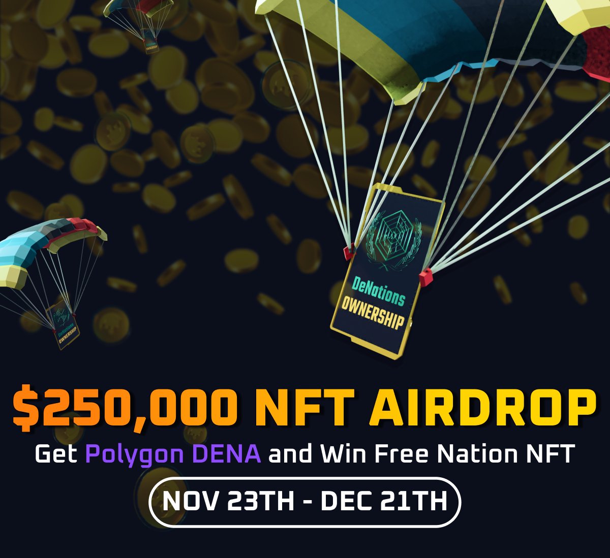 ⚡️$250,000 NFT Airdrop⚡️
Massive amount of Nation NFT will be airdropped to Polygon DENA holders

🚁NFT #Airdrop
Total pool size of the airdrop: $250,000
Win up to $18,000 worth of Nation NFT

How to get Polygon DENA👉medium.com/denations/tuto…

Learn more👉 medium.com/denations/%EF%…
