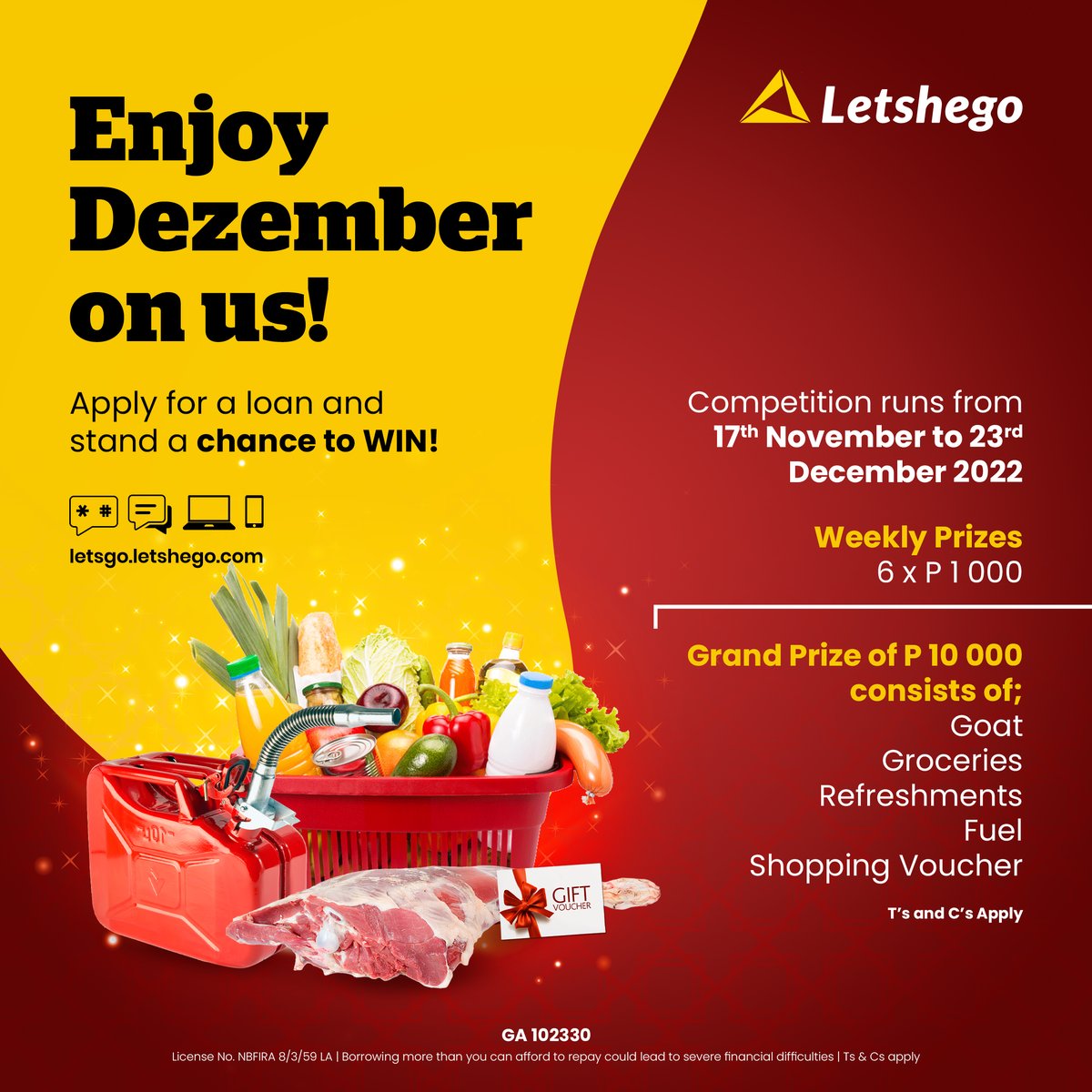 letshegobw's tweet photo. WIN BIG with Letshego this Christmas!
Apply for a loan and stand a chance to win one of 6 P1000 Sefalana vouchers or grand prize of groceries, refreshments & a goat to enjoy Christmas with your loved ones!
#LetsImprove #LetsGoDigital #Letshegobotswana https://t.co/PkQLOcNvZV