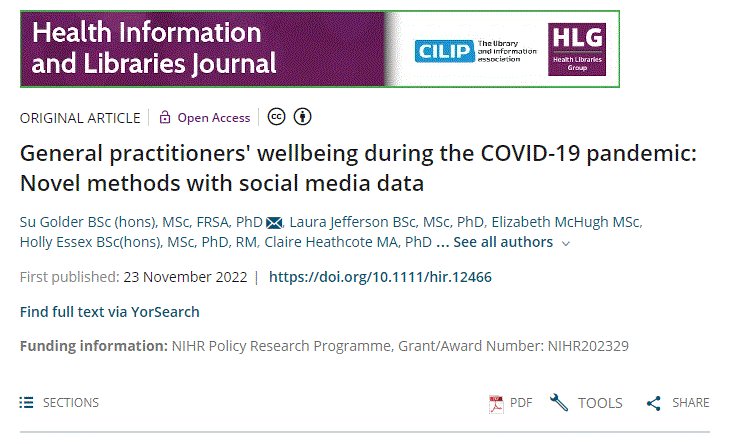 Published today: General practitioners' wellbeing during the COVID-19 pandemic: Novel methods with social media data. onlinelibrary.wiley.com/share/P8C7YSVR…