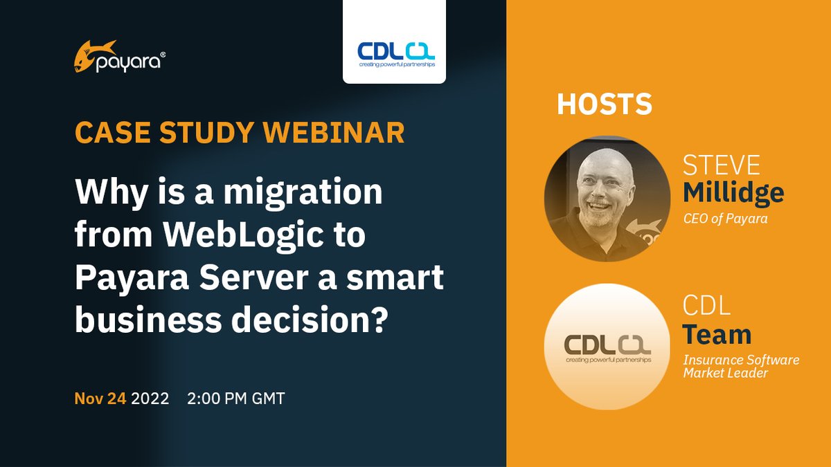 Payara_Fish's tweet image. Tomorrow!
Join us as we talk to Enterprise customer @CDL_Software , about WHY moving from WebLogic to Payara made sense & HOW they did it, 2.00PM GMT online event:
hubs.ly/Q01t0nYP0 #WebLogic #OracleWebLogic #WLS #JavaEE