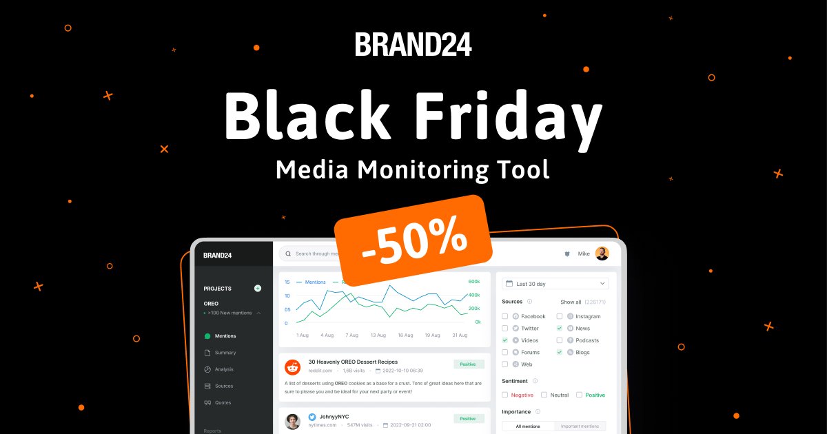 brand24's tweet photo. Black Friday is just around the corner, so we can officially announce that we have something special for you! 🥳 

Get @Brand24 for 50% off 🖤

🗓️ The discount will be valid on the 25th of November (it applies only to new customers).

Happy #BlackFriday! 🎉 https://t.co/6nMRO7EC9U