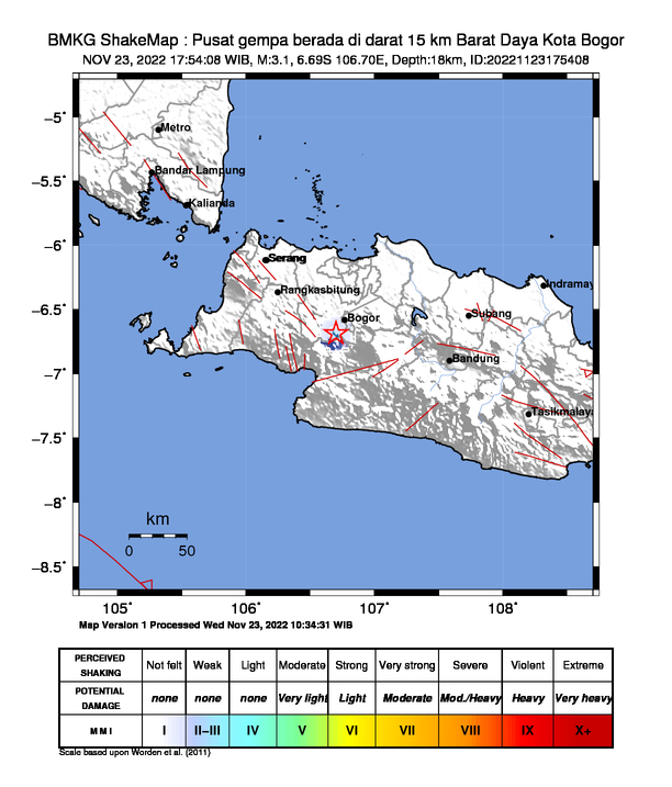 infoBMKG's tweet photo. #Gempa Mag:3.1, 23-Nov-22 17:54:08 WIB, Lok:6.69 LS, 106.70 BT (Pusat gempa berada di darat 15 km Barat Daya Kota Bogor), Kedlmn:18 Km Dirasakan (MMI) II Sukabumi #BMKG https://t.co/zXYxXniJ8q