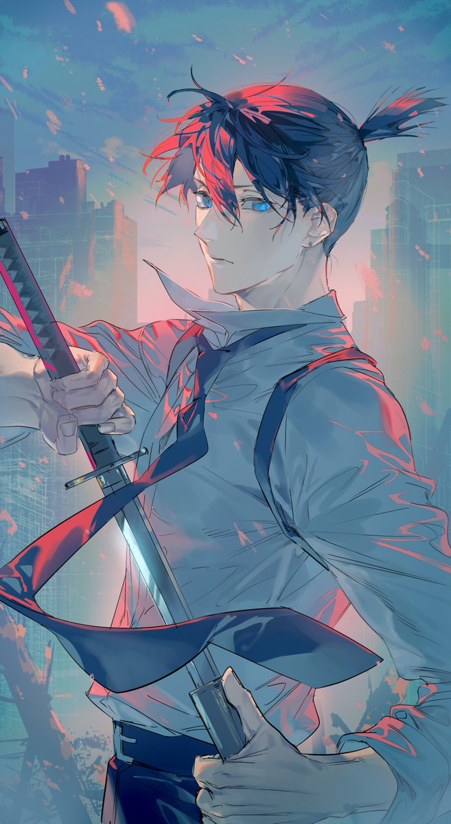 hayakawa aki 1boy male focus sword weapon necktie blue eyes black hair  illustration images