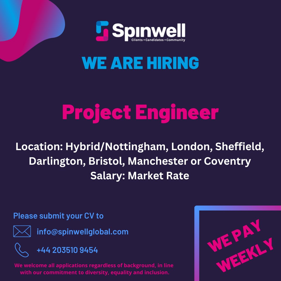 💻📱 ow.ly/6IBs50LLSGS
💼 This is an excellent opportunity to work within the public sector
🟣 Project Engineer
📍 Hybrid/Nottingham, London, Sheffield, Darlington, Bristol, Manchester or Coventry
💰 Market Rate
⏰ 12 months

#lookingforwork #ProjectEngineerjobs #hiring