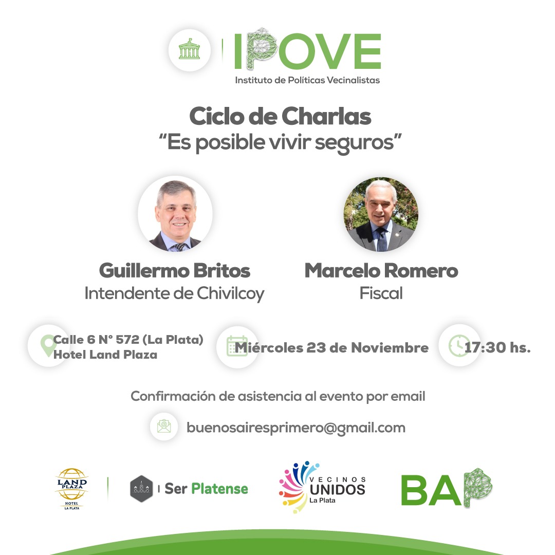 El #IPOVE Instituto de Políticas Vecinalistas presenta en #LaPlata su ciclo de charlas y coloquios 2022/23 y lo hace con el intendente <a href="/BritosGuillermo/">Guillermo Britos</a> y el fiscal <a href="/RomeroMarcelo63/">Marcelo C. Romero /G\</a>. Con el apoyo de <a href="/baprimero/">Buenos Aires Primero</a> y <a href="/serplatenseok/">SerPlatense</a> pensando la provincia y los municipios. <a href="/ZalduaFacundo/">Facundo Zaldua</a>