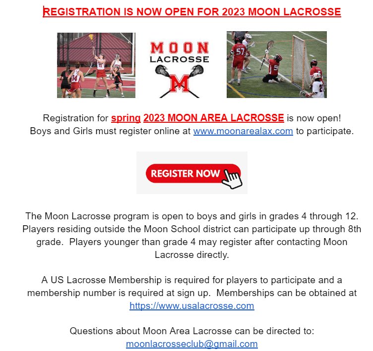Today is the day!! Registration is now open for our Spring lacrosse teams!  We have teams available for students in grades 4-12. Go to moonarealax.com to register!