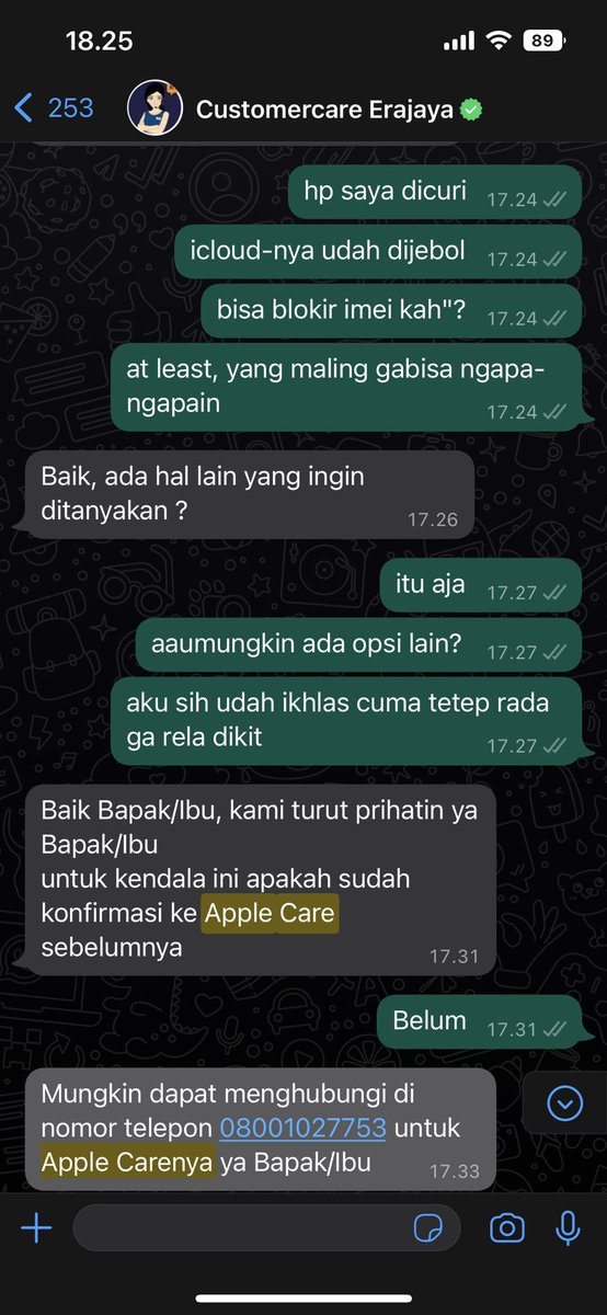 eveilebel's tweet photo. Empat hari setelahnya, gue inisiatif hubungi customer care Erajaya. Bertanya kemungkinan IMEI diblokir.

At least, itu pencuri dapet ampasnya lah. Mesti ngurus IMEI ulang gitu.

Nah, dialihkan ke Apple Care.

⚠️CATAT NOMORNYA: 08001027753⚠️ https://t.co/2YPHpgplvI
