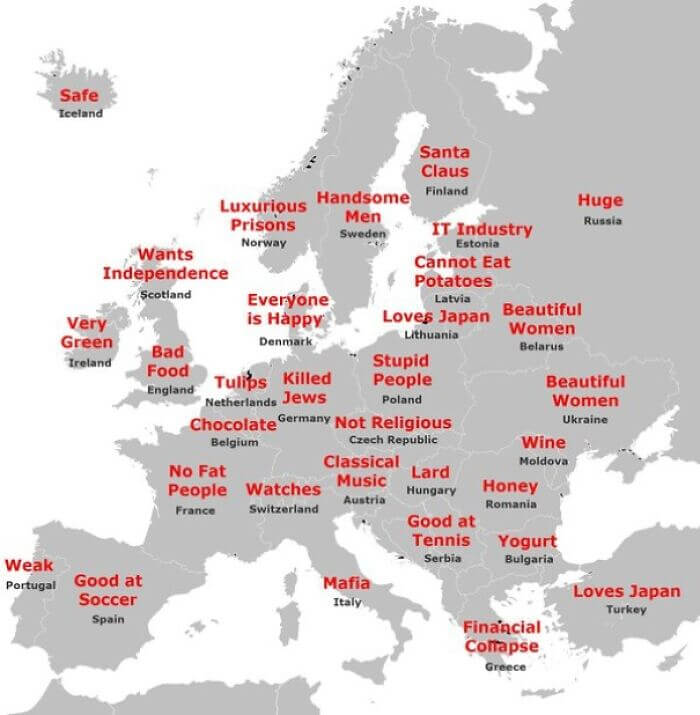 lexandersmith's tweet photo. @AbroadInJapan a map of (claimed) Japanese stereotypes for European countries - in case you find it interesting https://t.co/ApSDqFipJR