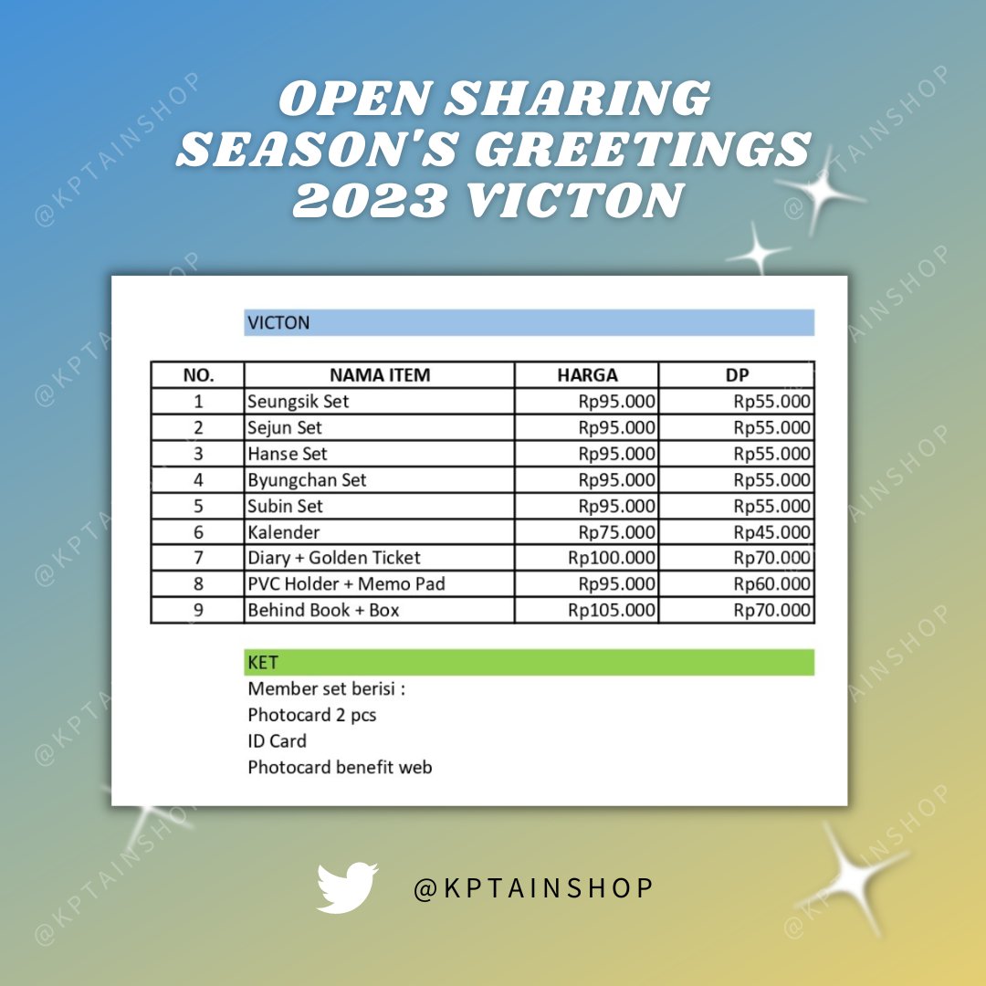 kptainshop's tweet photo. OPEN PO SHARING SEASON GREETING 2023 VICTON

✅ Bisa dp dulu
✅ Grup dm twitter
✅ Pelunasan saat barang sampai INA
✅ Harga include packing dan freebies
📌 Bandung

Yang mau tanya-tanya atau berminat boleh langsung dm untuk mengisi gform. Thank you ✨✨ https://t.co/rob5rwrcNr