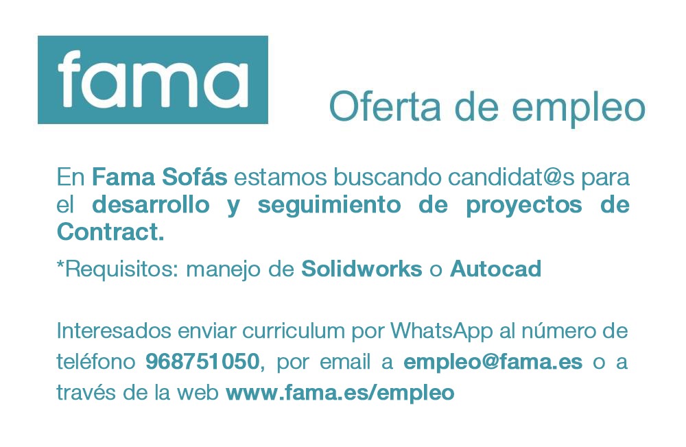 FamaSofas's tweet photo. Oferta de empleo. Buscamos candidat@s para el desarrollo y seguimiento de proyectos de contract.  *Requisitos: manejo de Solidwords o AutoCAD. Interesados enviar email a empleo@fama.es o a través de la web https://t.co/Spmdv23bIK #empleo #yecla https://t.co/tUHjDEpPTg