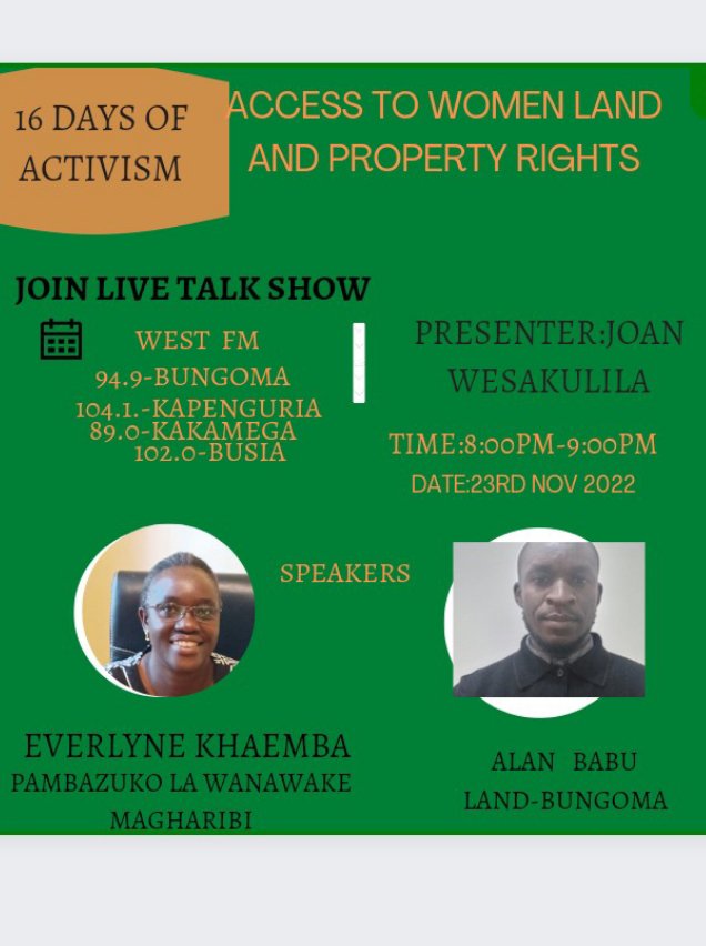 Kindly tune into WEST FM this Wednesday,23rd November as from 8:00pm-9:00pm(EAT) and get  information on issues of Access to Women Land and Property Rights.
#justiceforall
#accesstojustice