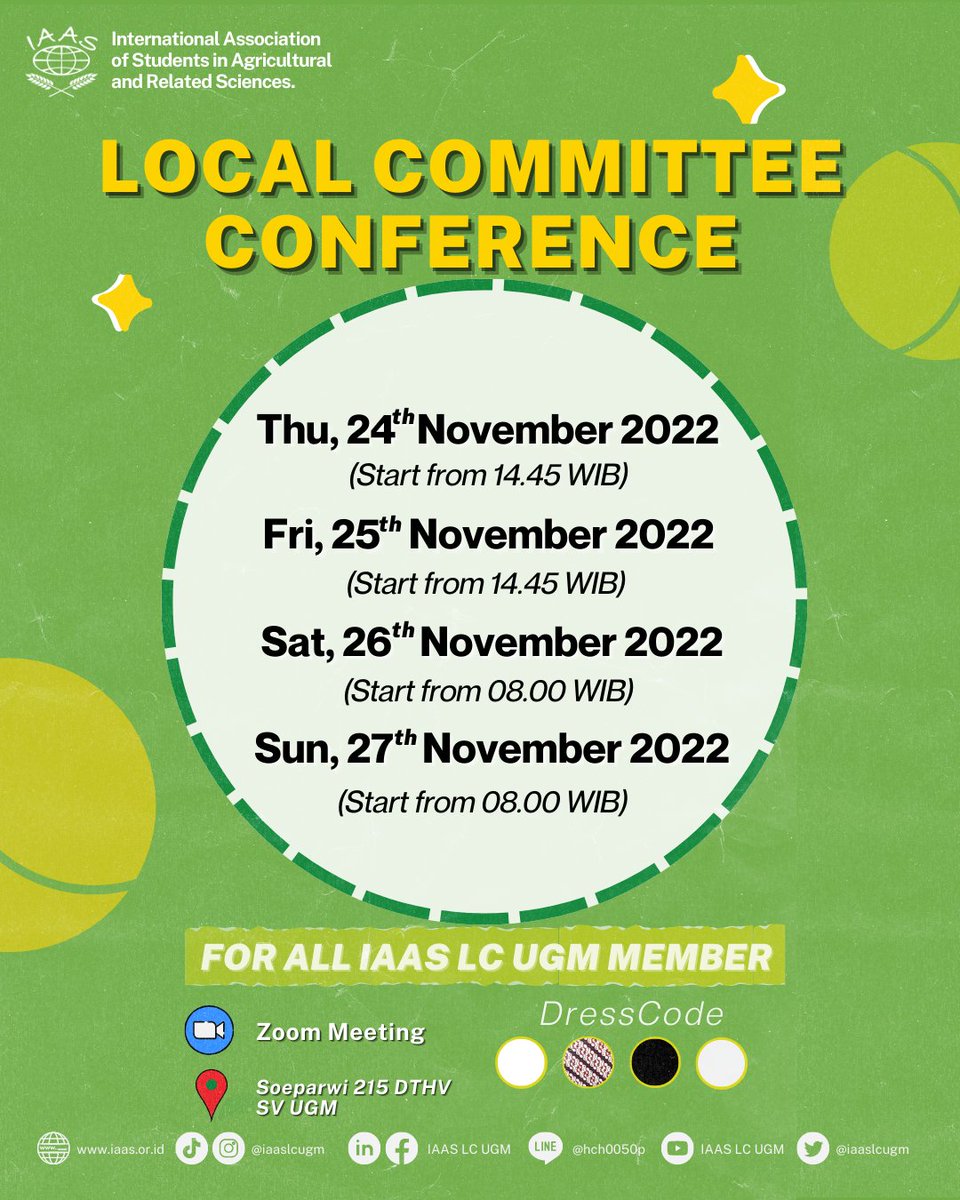 Hello, FamilIAAS!
We are pleased to invite you to join the Local Committee Conference (LCC) IAAS LC UGM 2022. LCC is one of IAAS LC UGM member forums which is held once a year at the end of the cabinet period. 
IAAS,
Think Globally,
Act Locally!