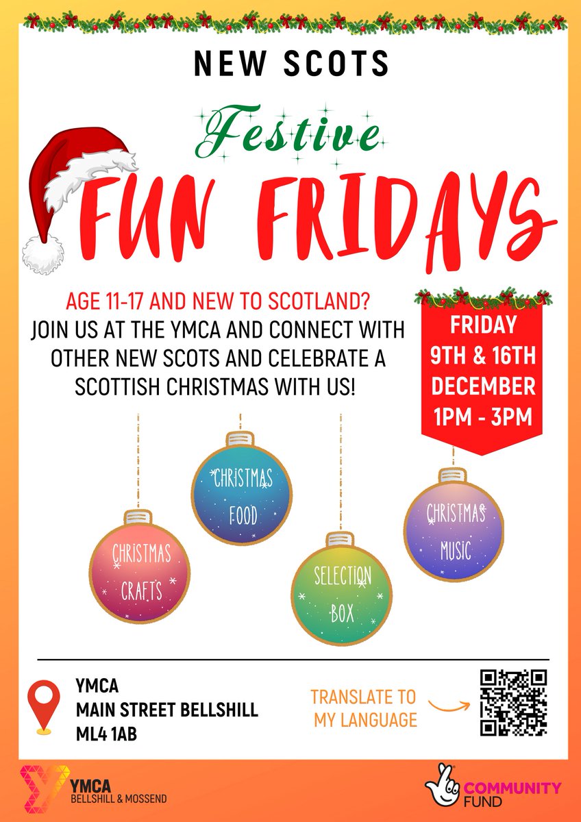 🎄𝓕𝓔𝓢𝓣𝓘𝓥𝓔 𝓕𝓤𝓝 𝓕𝓡𝓘𝓓𝓐𝓨𝓢 🎄

🏴󠁧󠁢󠁳󠁣󠁴󠁿 New to Scotland?
👋 Age 11-17?

Then join us for our Festive Fun Friday sessions at the YMCA this December!

⏰ Friday 9th &amp; 16th December 1pm-3pm
📍YMCA, Main St, Bellshill ML4 1AB