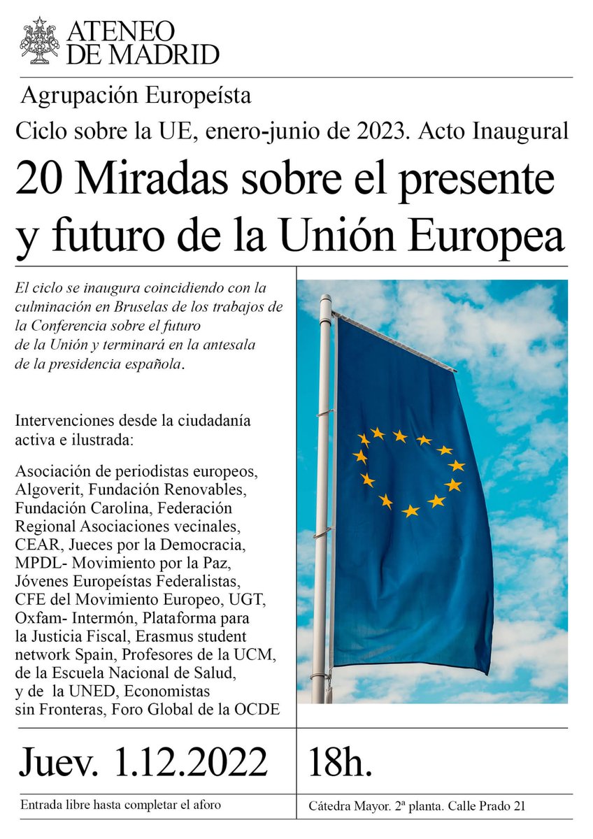 👁️20 miradas sobre el presente y el futuro de la #UnionEuropea 

📅El próximo jueves 1 de diciembre 20 asociaciones españolas debatiran sobre la #UE

➡️El <a href="/MovimientoEurop/">Movimiento Europeo (CFEME)</a>, <a href="/ESNSpain/">Erasmus Student Network España 🇪🇸</a>, <a href="/JEFSpain/">JEF España</a> <a href="/MovimientoxlPaz/">Movimiento por la Paz - MPDL</a> serán algunas voces que expondrán la vision de la sociedad civil