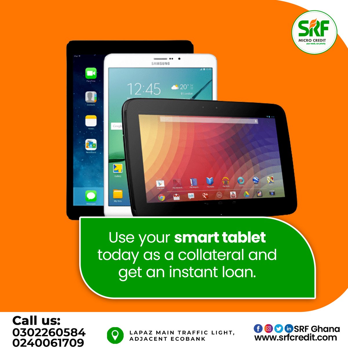 srfmoneylending's tweet photo. Get some cash today!

Simply use your tablet as collateral for an instant loan.

Contact us if you live in Accra.

Call now: 0302260584/0240061709

Or apply online: https://t.co/bvuFXkqgYs

#quickloan #easyloan #reliableloan #srfmicrocredit https://t.co/s6oq32XrYl