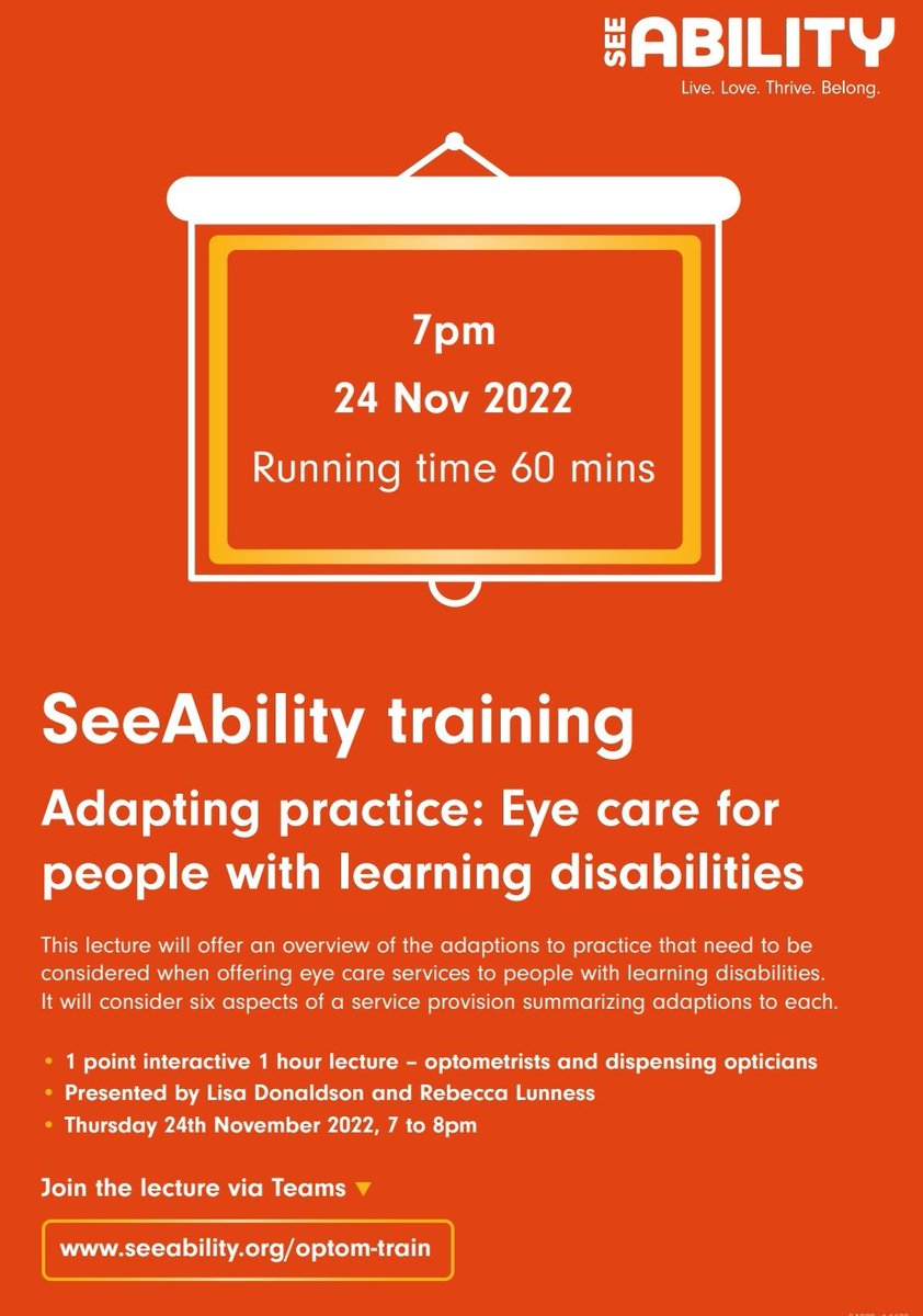 kiddoptom's tweet image. SeeAbility CPD join here seeability.org/optom-train 
Open to OOs and DOs from across the NW #SeeAbility #opticians #dispensing #optometry #cpd