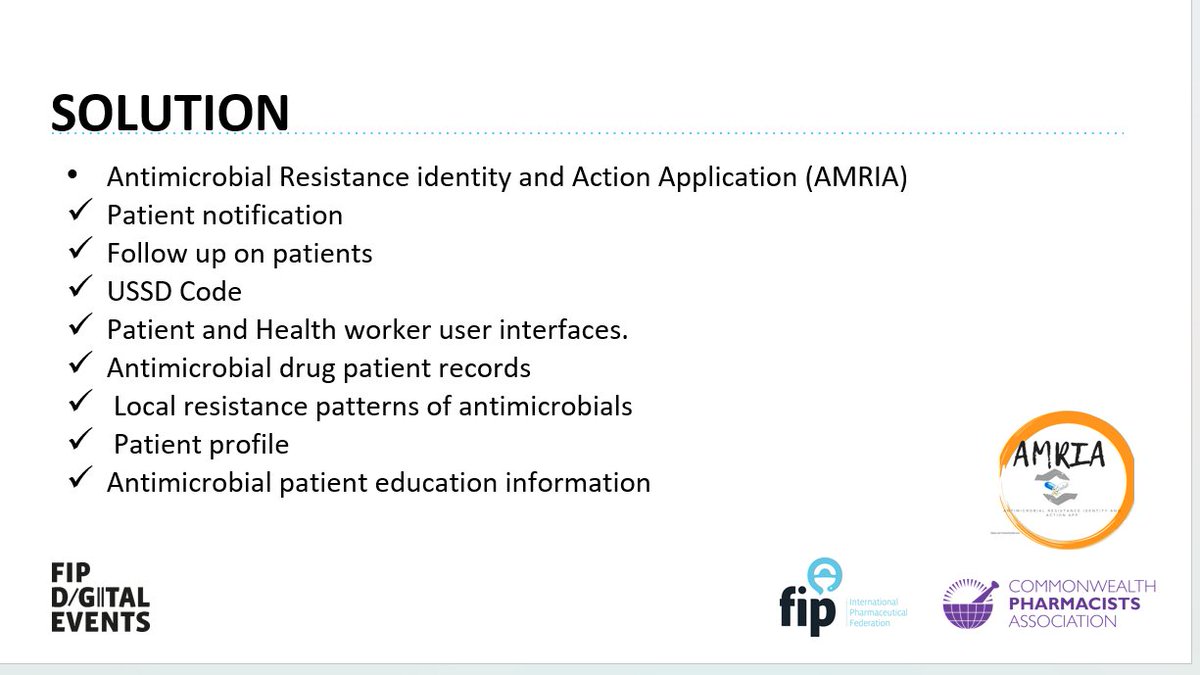 CW_Pharmacists's tweet photo. Congratulations to Mugenyi Nathan @MugenyiNathans for his #AMR mobile app "AMRIA" which was recognised in our innovation competition during our final CPA and @FIP_org webinar this morning! 🎉

#CPApharm #FIPDigitalEvent #WAAW2022 https://t.co/lFKKDPRbVv