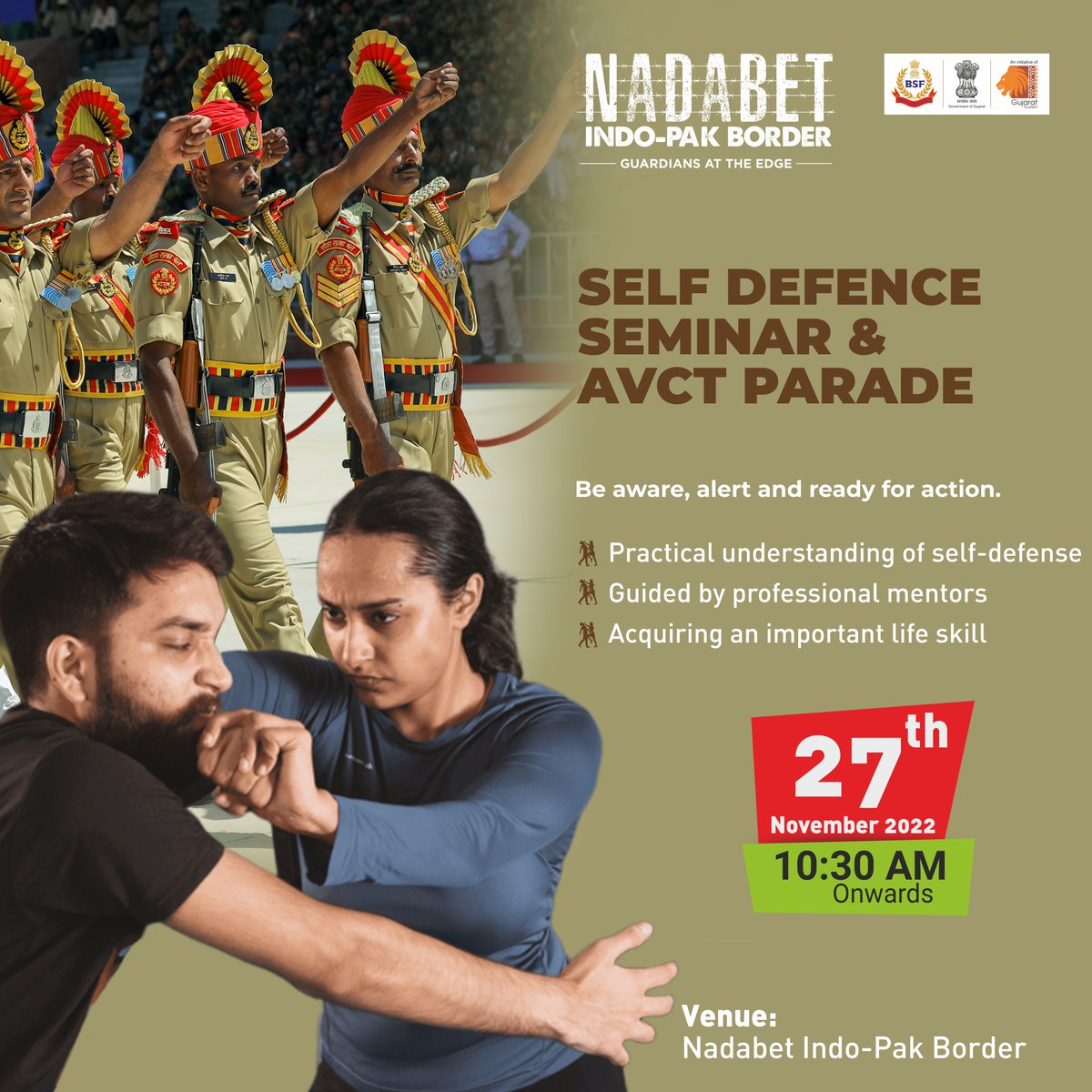 VisitNadabet's tweet photo. Being prepared for ourselves! Nadabet Indo-Pak Border conducts a self defence seminar on 27th November to create awareness. Be prepared!
#selfdefence #selfdefencetraining #IndoPakBorder #bordertourism #GuardiansAtTheEdge #SeemaDarshan #visitnadabet #gujarattourism https://t.co/79WRTIv78K