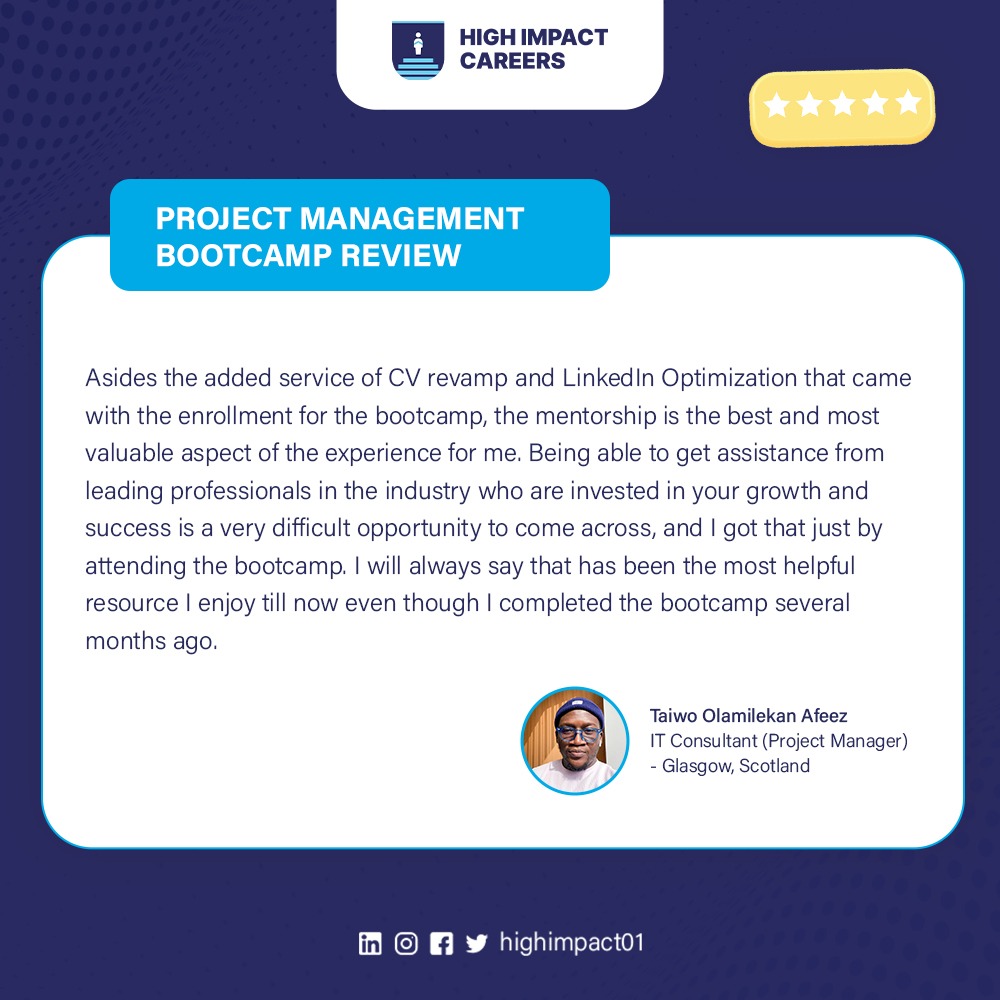 HighImpact01's tweet photo. Congratulations @Layqan, HIC Project Management Bootcamp alumnus. We are glad to receive this amazing feedback, and we trust you are doing great on the job. To enrol for our next Bootcamp, click:  https://t.co/ykNwIdKJdD #ImpactSuccessStories #HighImpactCareers https://t.co/jYi7HDATSJ