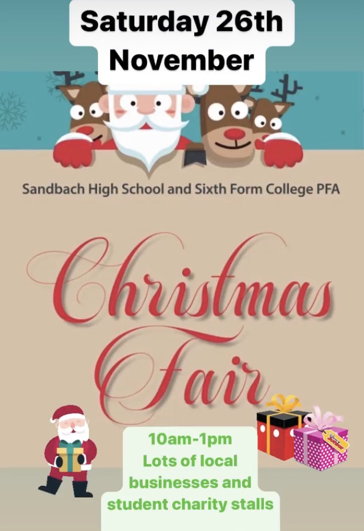 Please support our school and local community. Lots of small businesses and student charity stalls. Buy your Christmas gifts🎄this Saturday 26th November <a href="/SandbachHigh/">Sandbach High School</a> <a href="/sandbachlife/">duchess</a> <a href="/SandbachChron/">Sandbach Chronicle</a> <a href="/ElworthCE/">Elworth CE Primary</a> @SandbachP <a href="/OffleyCW11/">Offley Primary</a> <a href="/WheelockPrimary/">WheelockPrimarySch</a> <a href="/Elworth_Hall/">Elworth Hall School</a> <a href="/SandbachCollege/">Sandbach College</a>