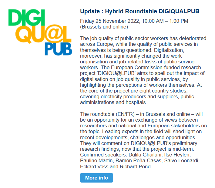 OSE_be's tweet photo. Roundtable 'Impact #Digitalisation on job quality &amp; social dialogue in #public services'. BXL &amp; online, 25/11/'22 10 AM. Discussion of results of large-scale survey @Angelina_Ata @ramonose &amp; 8 country cases. More info &amp; registration: https://t.co/U4dzj9yo3D https://t.co/dcf8hb7FPE
