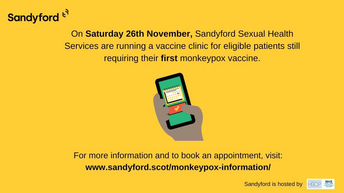 SandyfordNHSGGC's tweet photo. We have appointments available for the monkeypox vaccine on Saturday 26th November for eligible patients requiring their first dose. To find out more, or to book an appointment, visit our website: https://t.co/ml4uYwbyju https://t.co/3WNCc2ztpw