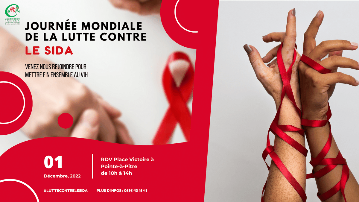 Corevih971's tweet photo. Le 1er décembre 2022, de 10h à 14h, ne manquez pas le rendez-vous pour la journée mondiale de la lutte contre le sida, à Pointe-à-Pitre.

Ensembles faisons disparaître le VIH ❤️

#VIH  #prevention #luttecontrelesida #WorldAIDSDay   #corevih971 #worldaidsday2022 https://t.co/1qX2AJQ6EE