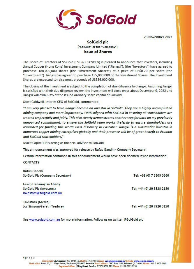 SolGold_plc's tweet photo. RNS Out: #SolGold announce that investors, including Jiangxi Copper (Hong Kong) Investment Company Limited, have agreed to purchase 180,000,000 shares at a price of US$0.20 per share. Read in full here: https://t.co/aGmjxd8QEa https://t.co/kmbuooovwb