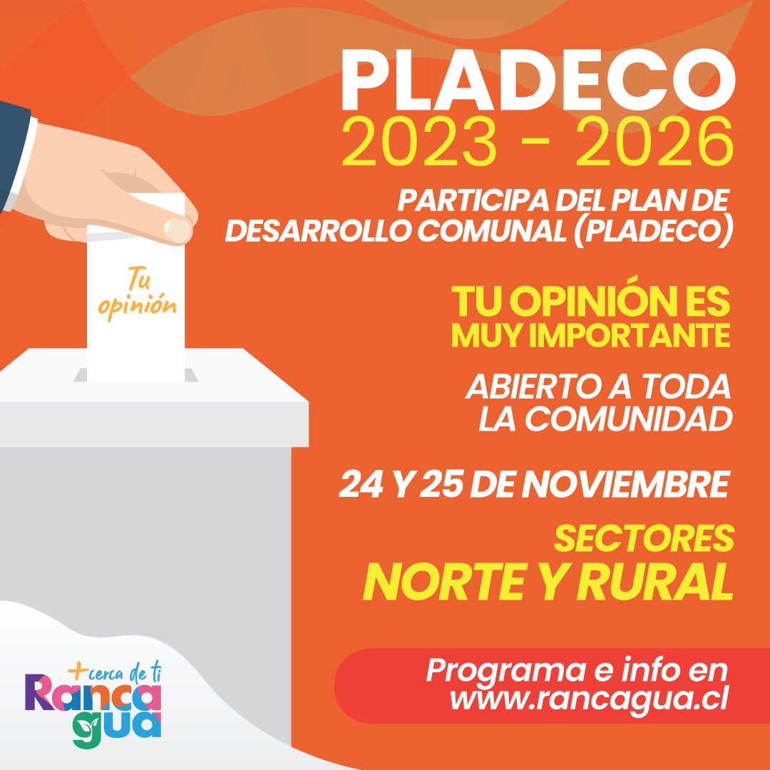 munirancagua's tweet photo. ¡Entre todos y todas construimos un mejor #Rancagua!

Este jueves 24 y viernes 25 de noviembre te invitamos a ser parte del Plan de Desarrollo Comunal (PLADECO), instrumento que guiará la gestión municipal 2023-2026 y donde la participación ciudadana es fundamental 🤩 https://t.co/9VjYzepEM2