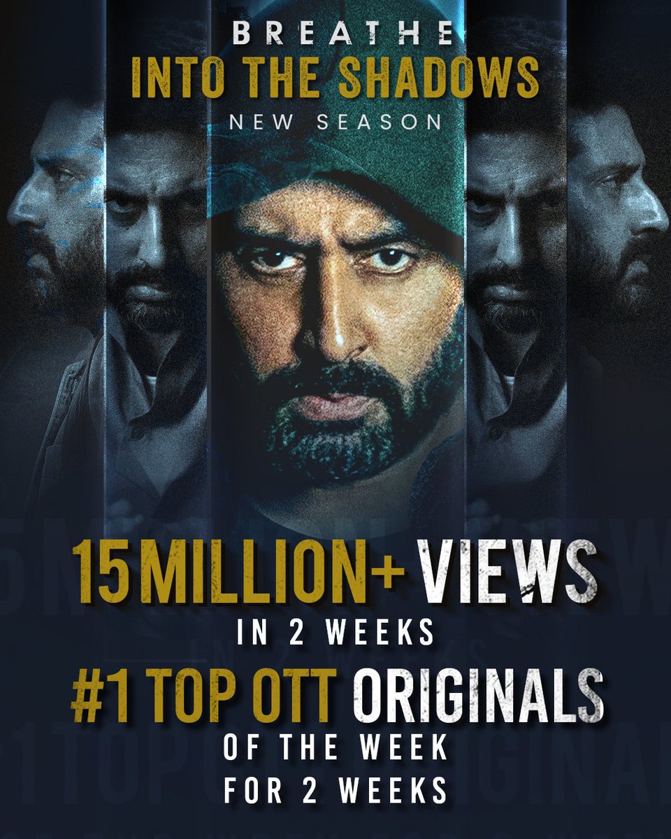 This is amazing!!! Thank you all so much for the love. More than 15 million views till date and no.1 on the OTT charts for the last 2 weeks! Inspires me to work even harder. 🙏🏽🤗 #breatheintotheshadows