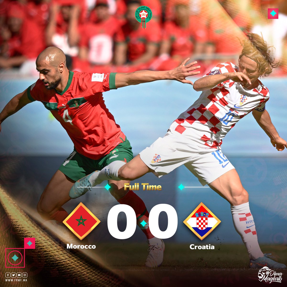 EnMaroc's tweet photo. نهاية المقابلة بالتعادل السلبي بين المنتخب الوطني و المنتخب الكرواتي 🇭🇷

FULL TIME | It's a draw but still ready for the next match

#DimaMaghrib 🇲🇦 #TeamMorocco #FIFAWorldCup https://t.co/dioBguXV17